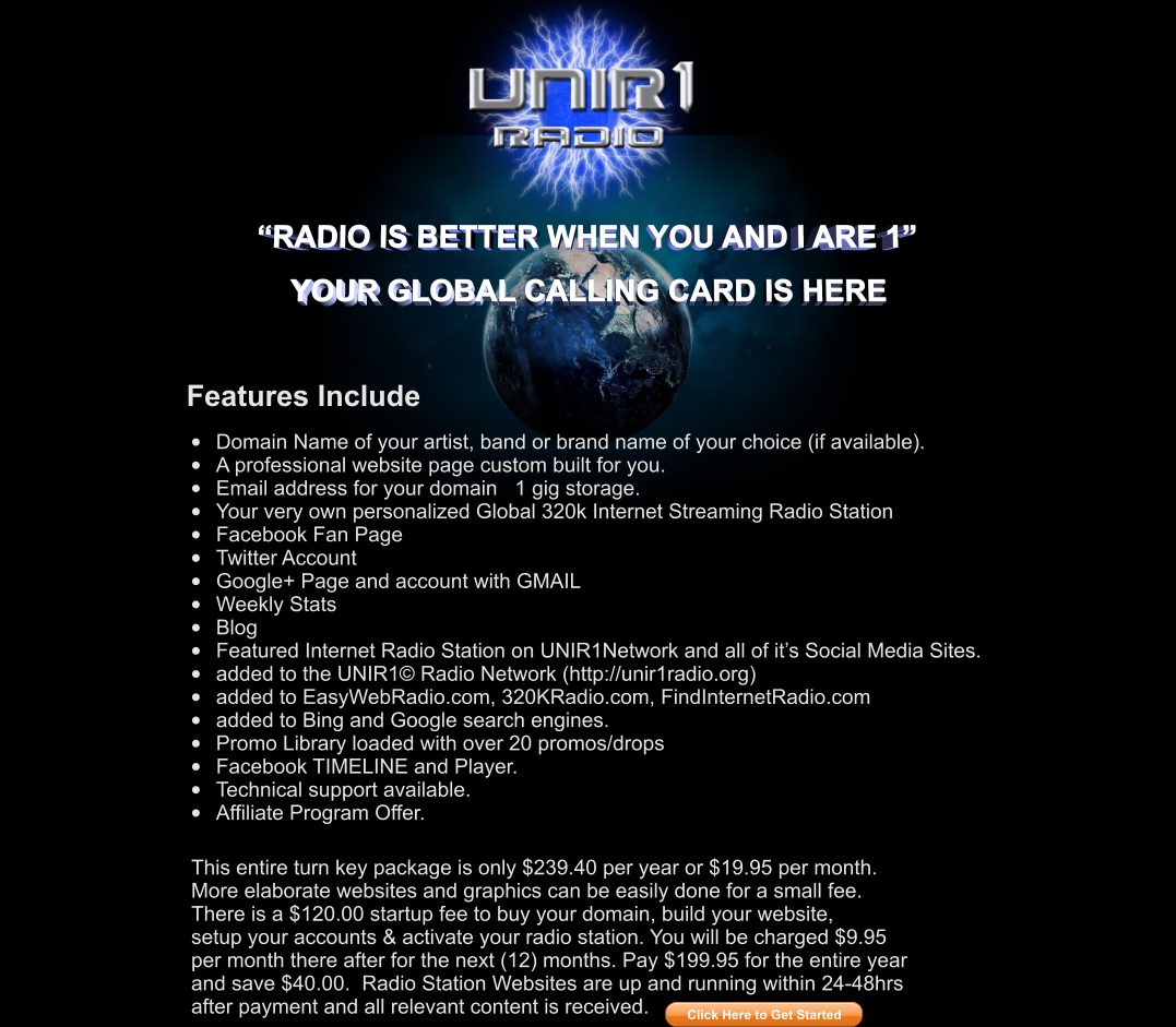 Original UNIR1 Radio flyer advertising turnkey internet radio station services