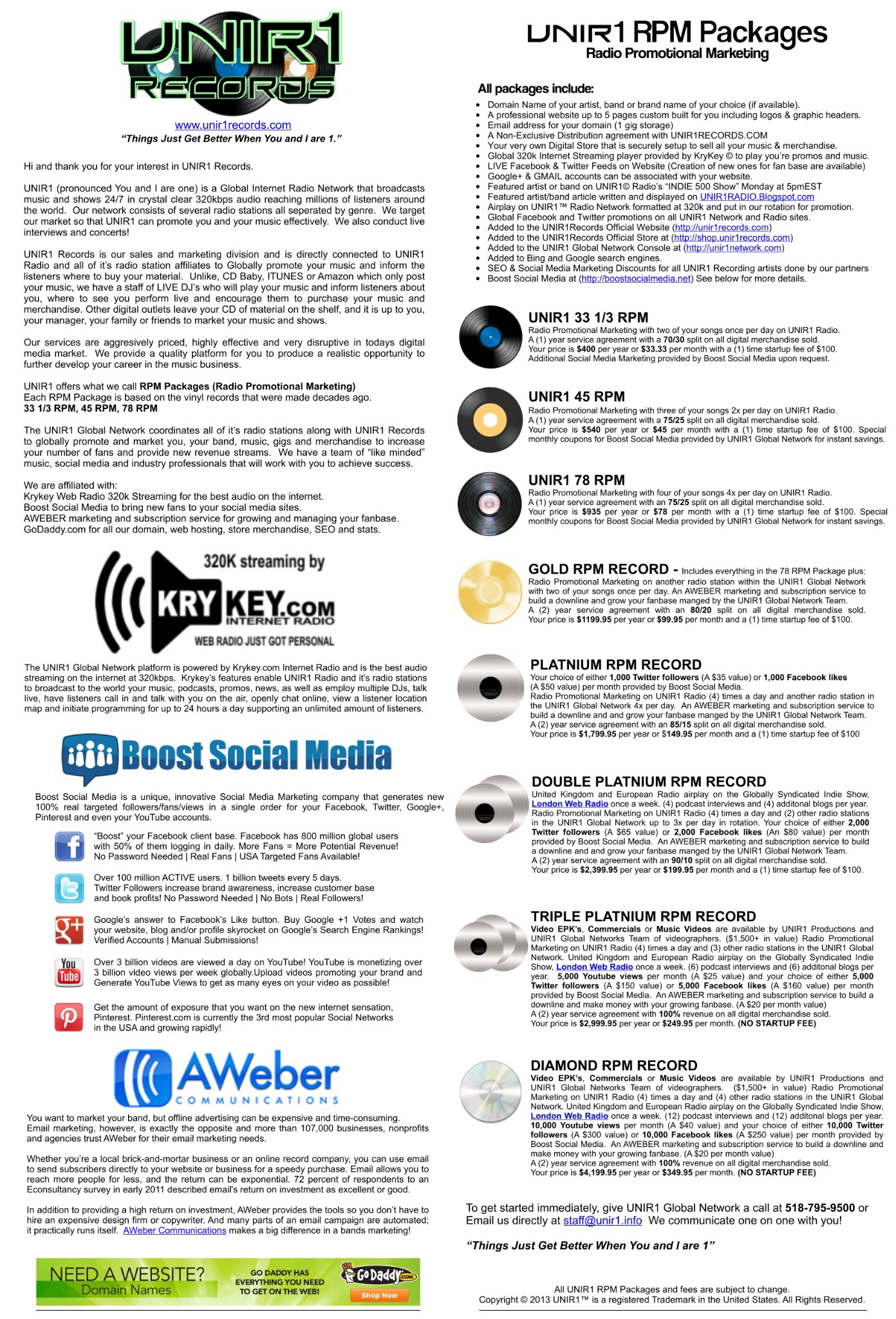 Original UNIR1 Records flyer listing eight RPM radio promotional marketing subscription packages