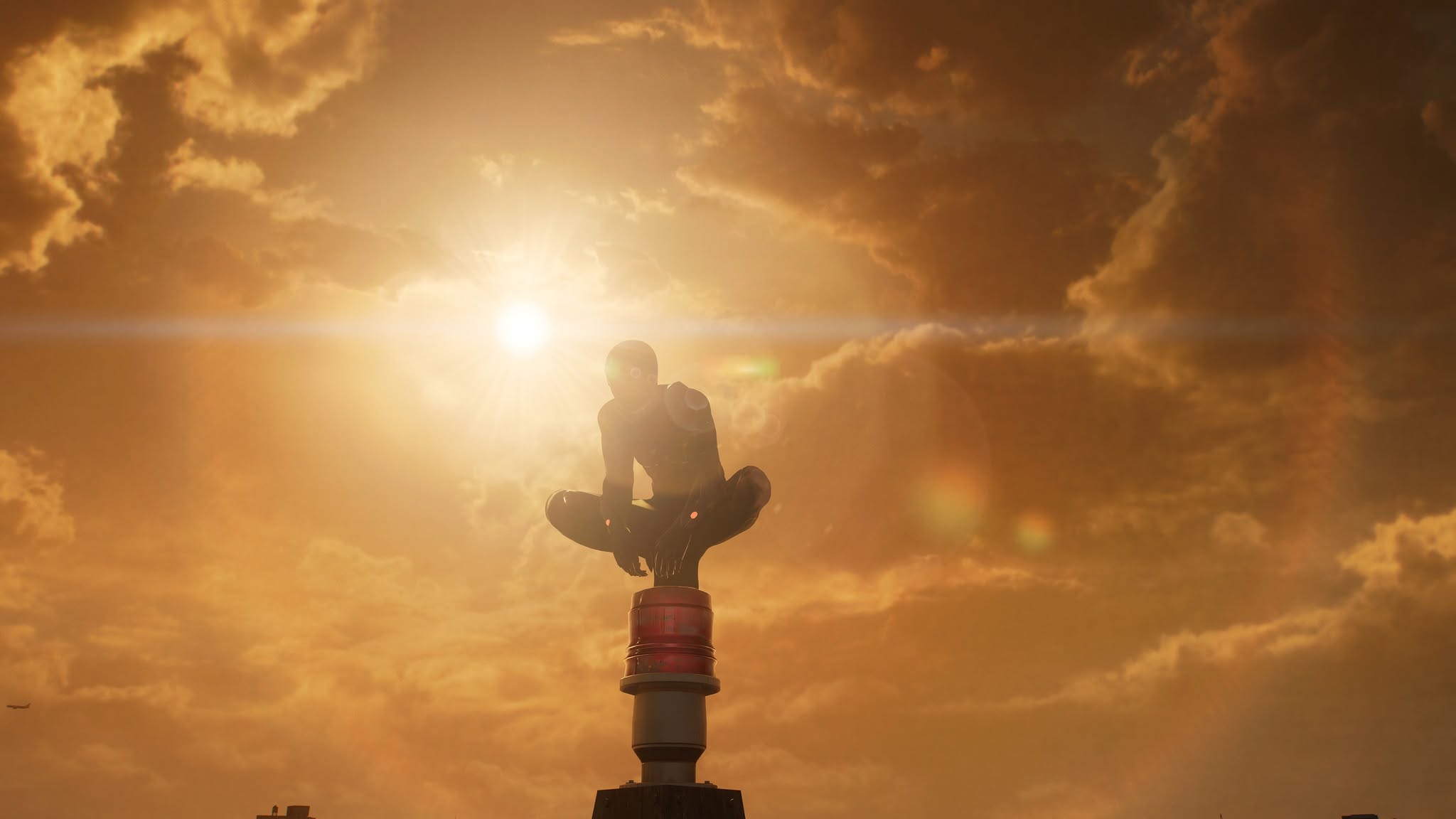 PS5 Spider-Man gameplay capture: golden-hour silhouette
