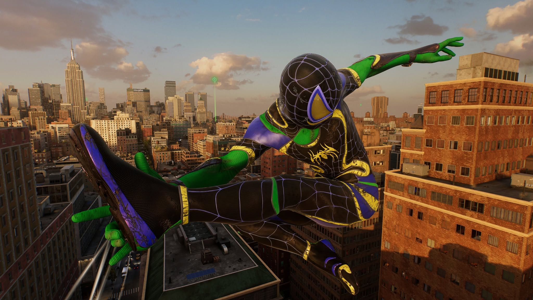 PS5 Spider-Man gameplay capture: green-suit aerial pose