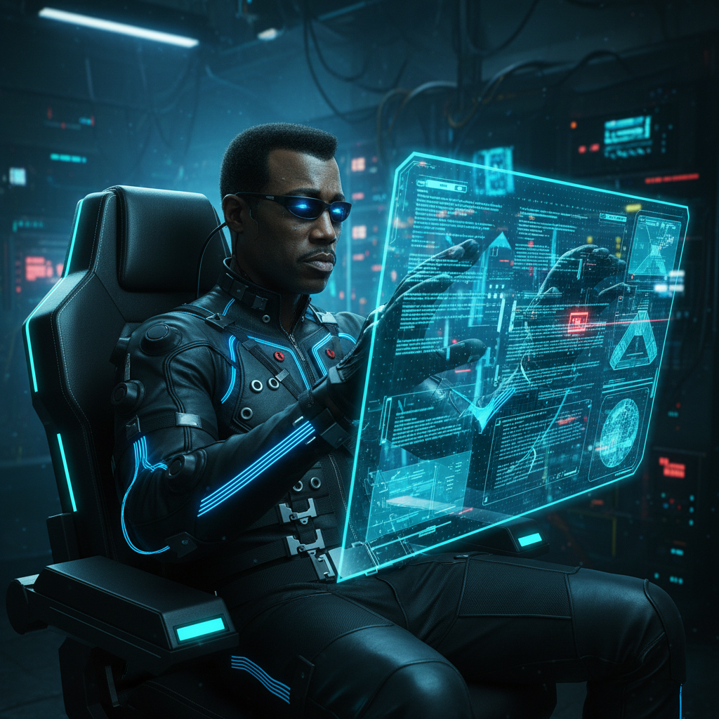 Wesley Sniper gaming persona artwork showing a futuristic operator at a blue holographic interface